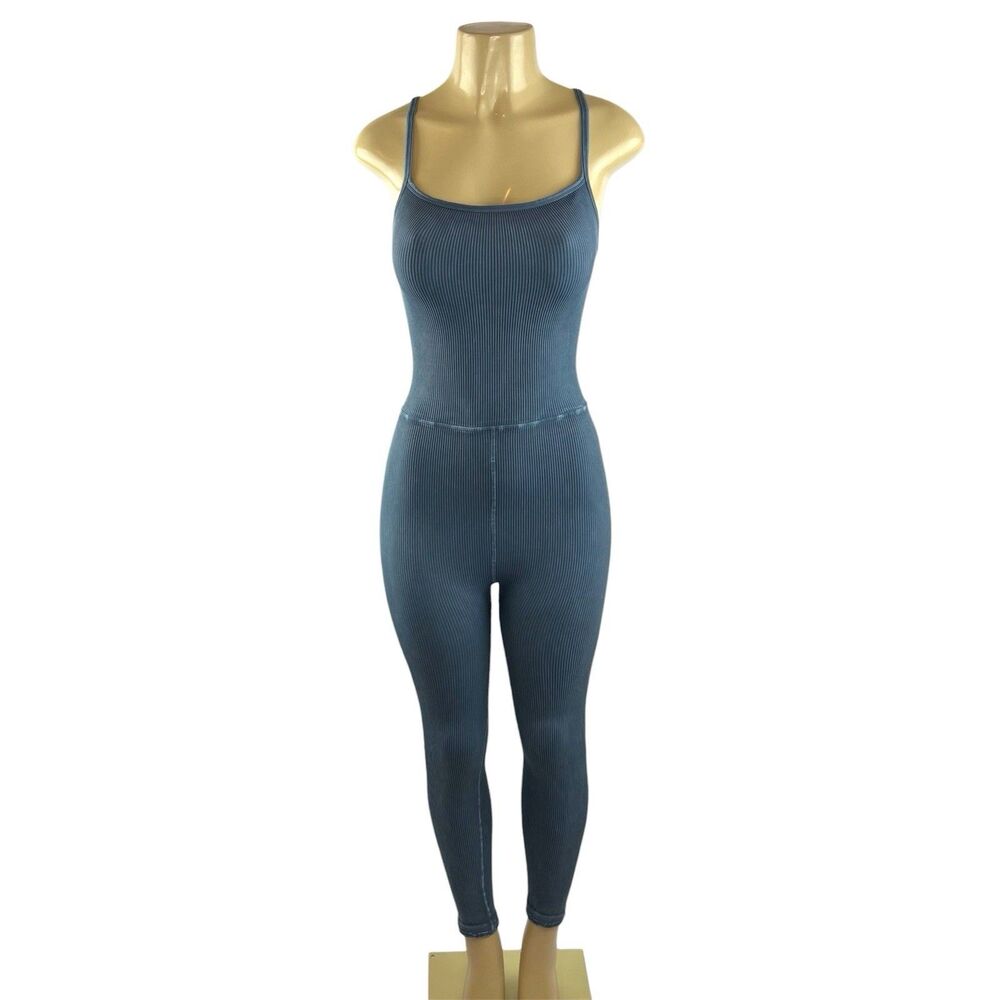 Free People Movement Happiness Runs Square Neck One Piece Jumpsuit Size M/L Blue - Picture 2 of 10